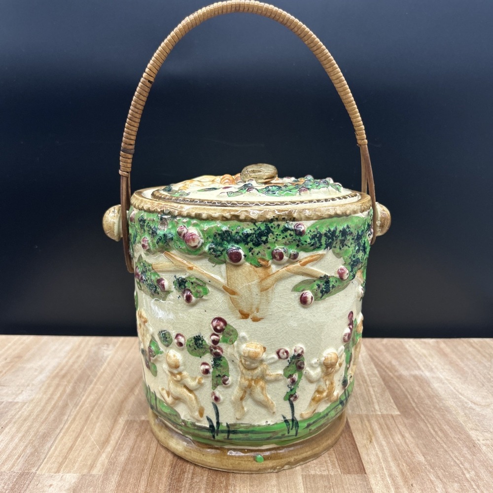 Japan Porcelain BISCUIT JAR Hand Painted CHERUBS in ROSE ORCHARD Vintage Crazing